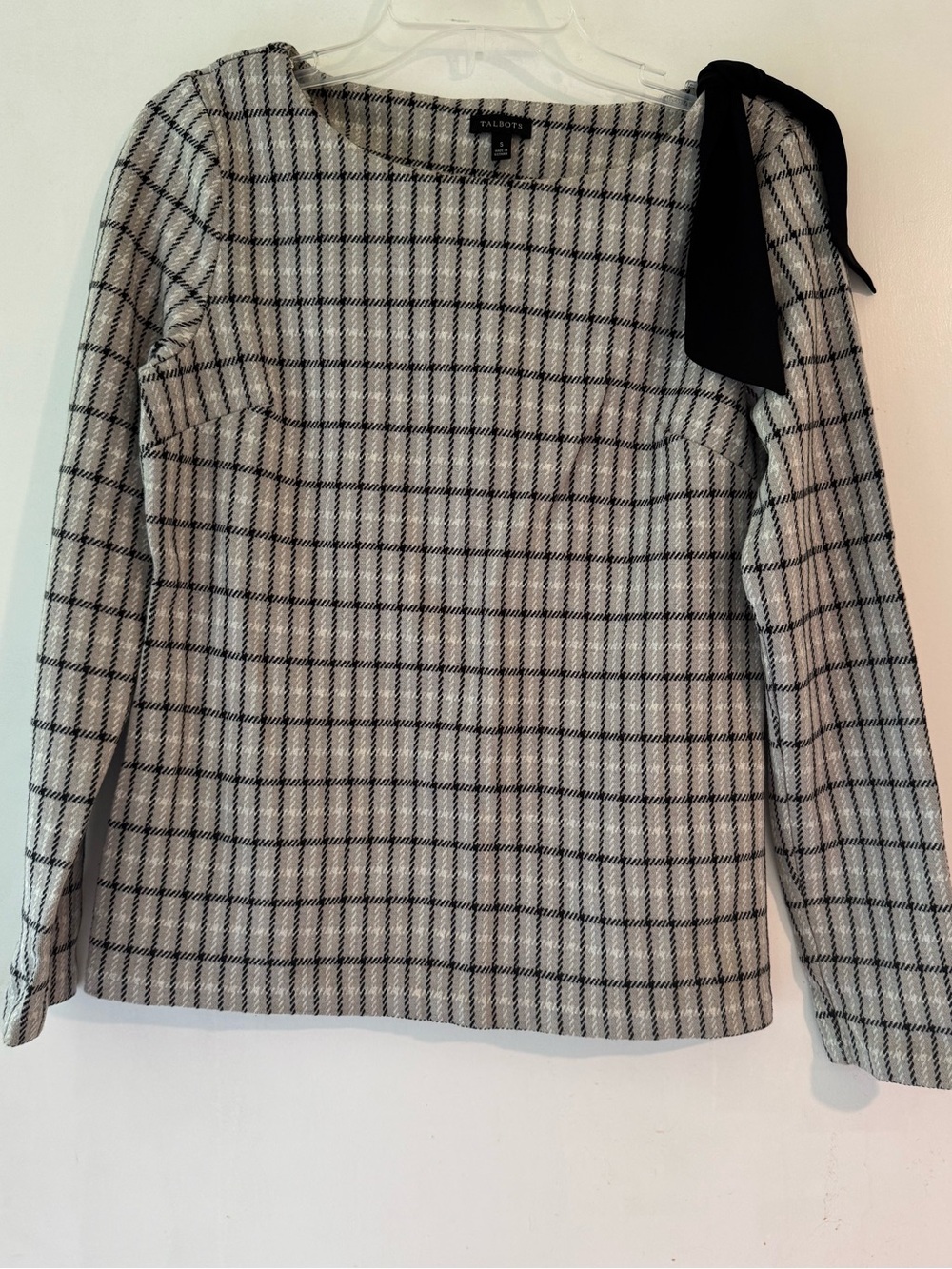 Talbots Gray Plaid Long-Sleeve Bow Accent Sweater